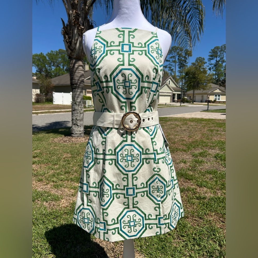 NWT🌷Mestiza N.Y. Havana Print Poplin High Square Neck Fit-and-Flare Mini Dress - Picture 2 of 12